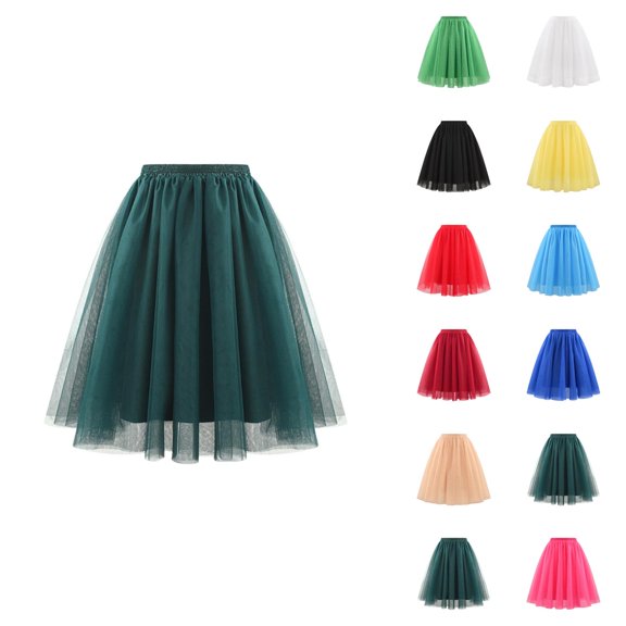 Tulle Skirts for Women Elastic Waist Pleated Mesh A Line Mid Length Puffy Skirt Adult Tutu Skirts Fluffy Dancing Skirt