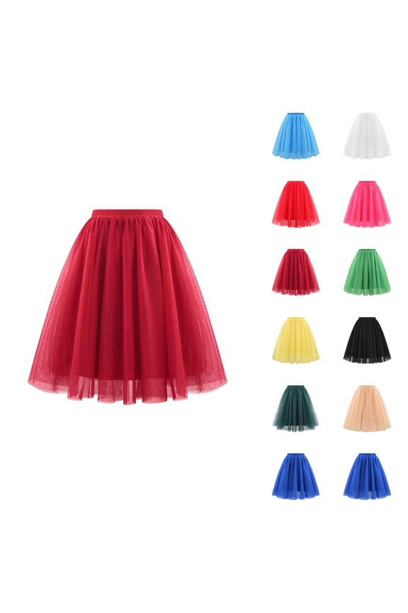 Tulle Skirts for Women Elastic Waist Pleated Mesh A Line Mid Length Puffy Skirt Adult Tutu Skirts Fluffy Dancing Skirt