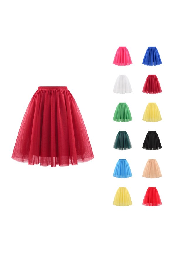 Tulle Skirts for Women Elastic Waist Pleated Mesh A Line Mid Length Puffy Skirt Adult Tutu Skirts Fluffy Dancing Skirt