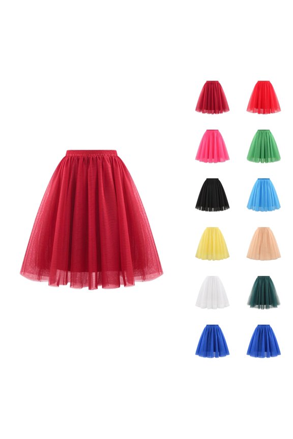Tulle Skirts for Women Elastic Waist Pleated Mesh Mid Length A Line Puffy Skirt Adult Tutu Skirts Fluffy Dancing Skirt