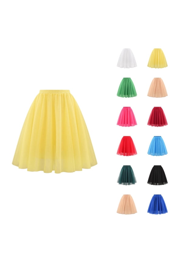 Tulle Skirts for Women Elastic Waist Pleated Mesh Mid Length A Line Puffy Skirt Adult Tutu Skirts Fluffy Dancing Skirt