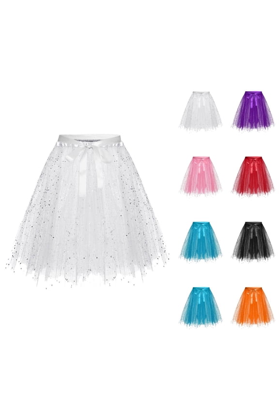 Tulle Skirts for Women Glitter Sequin 3 Layer Mesh Lace Up Bow Elastic Waist Puffy Tutu Skirt Sparkle Dancing Skirts
