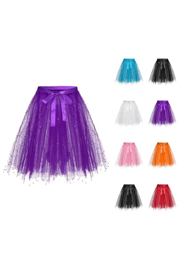 Tulle Skirts for Women Glitter Sequin 3 Layer Mesh Lace Up Bow Elastic Waist Puffy Tutu Skirt Sparkle Dancing Skirts