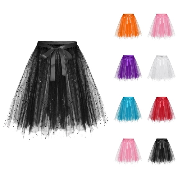 Tulle Skirts for Women Glitter Sequin 3 Layer Mesh Lace Up Bow Elastic Waist Puffy Tutu Skirt Sparkle Dancing Skirts