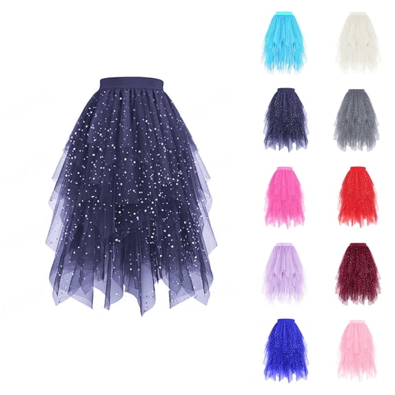 Tulle Skirts for Women Glitter Sequin Elastic Waist Layered Mesh Flowy Asymmetrical Puffy Skirt Fairy Skirt Midi Tutu Skirts