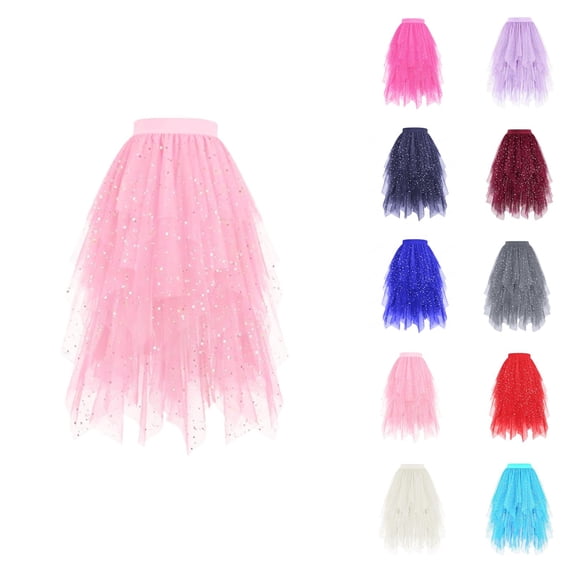 Tulle Skirts for Women Glitter Sequin Elastic Waist Layered Mesh Flowy Asymmetrical Puffy Skirt Fairy Skirt Midi Tutu Skirts
