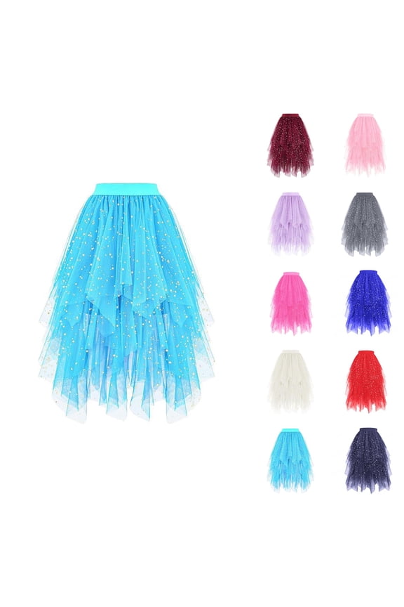 Tulle Skirts for Women Glitter Sequin Elastic Waist Layered Mesh Flowy Asymmetrical Puffy Skirt Fairy Skirt Midi Tutu Skirts