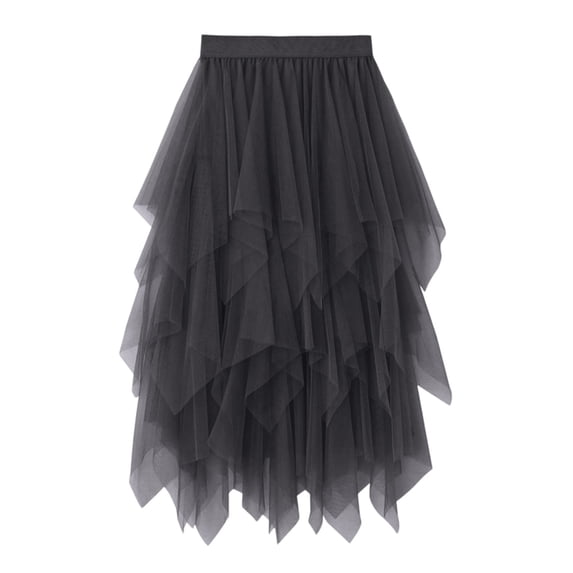 Tulle Skirts for Women High Low Layered Irregular A-Line Midi Skirt Fairy Tutu Women High Elastic Waist Party Skirt Dark Gray