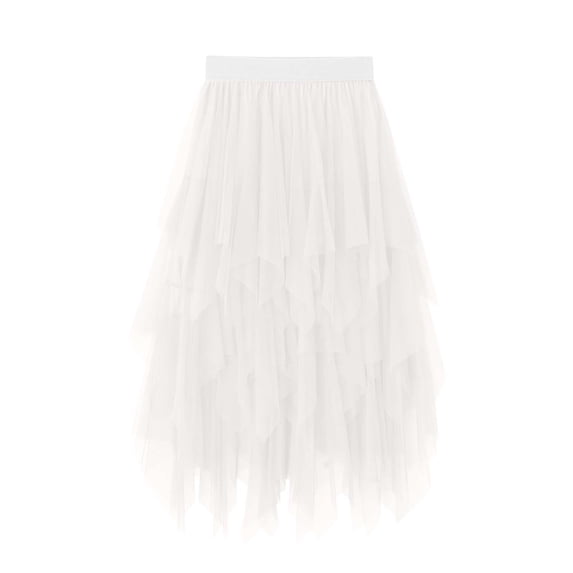 Tulle Skirts for Women High Low Layered Irregular A-Line Midi Skirt Fairy Tutu Women High Elastic Waist Party Skirt White