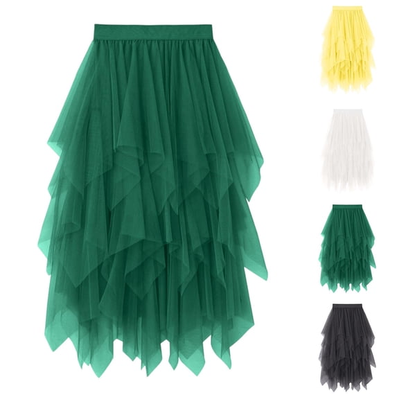 Tulle Skirts for Women High Low Layered Irregular A-Line Midi Skirt Fairy Tutu Women High Elastic Waist Party Skirt Yellow