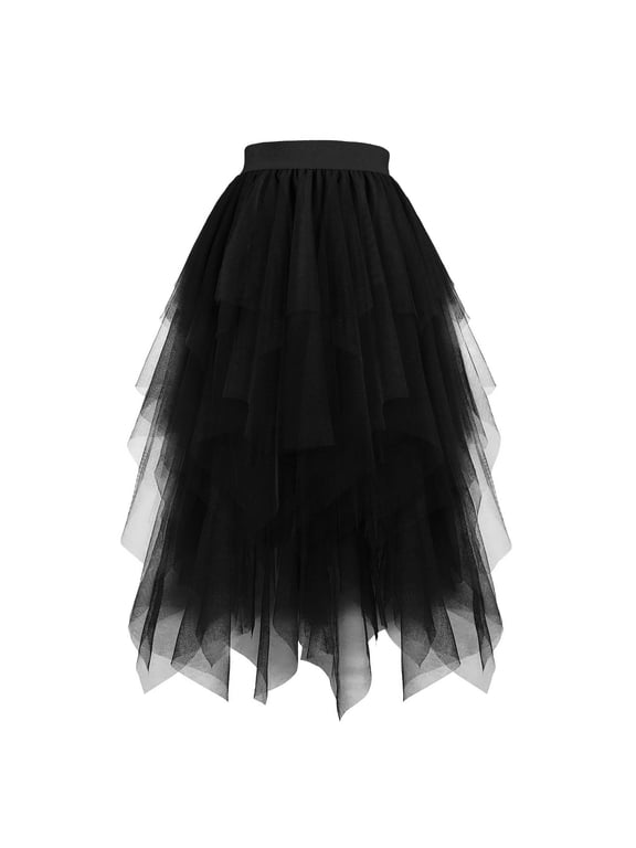 Tulle Skirts for Women High Waist Elastic Midi Skirt A-line Irregular Layered Mesh Tutu Skirts