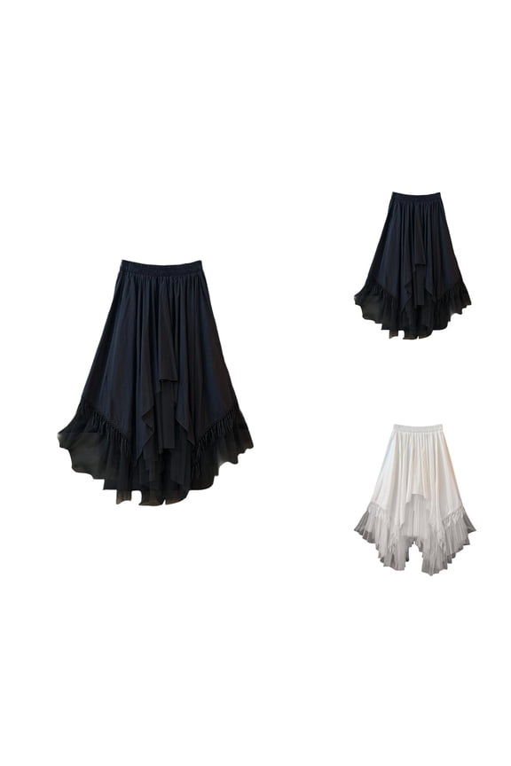 Tulle Skirts for Women High Waisted Tassel Trim Layered Mesh A Line Asymmetrical Flowy Midi Goth Skirt