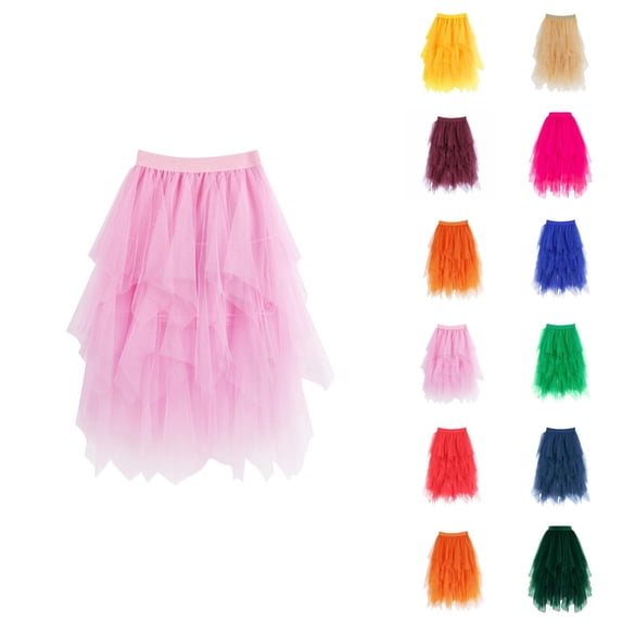 Tulle Skirts for Women Mid Length Elastic Waist Flowy A Line Asymmetrical Puffy Skirt Fairy Skirt Layered Mesh Dance Skirts