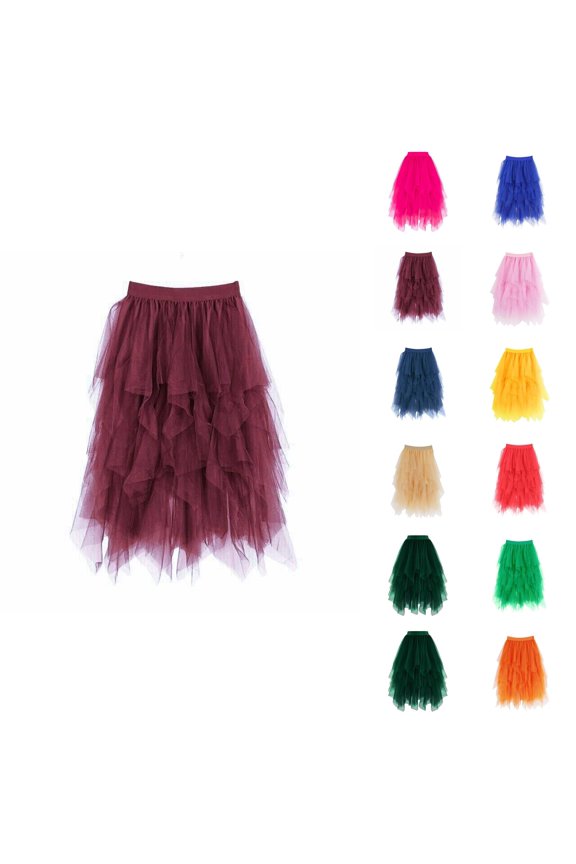 Tulle Skirts for Women Mid Length Elastic Waist Flowy A Line Asymmetrical Puffy Skirt Fairy Skirt Layered Mesh Dance Skirts