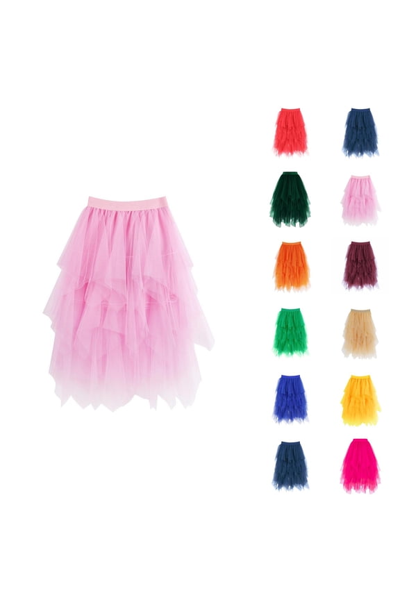 Tulle Skirts for Women Mid Length Elastic Waist Flowy A Line Asymmetrical Puffy Skirt Fairy Skirt Layered Mesh Dance Skirts