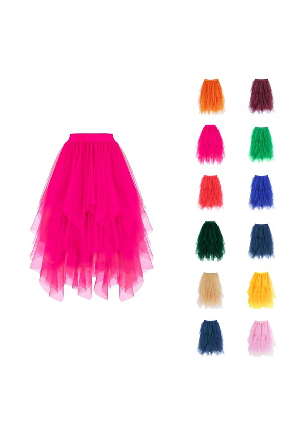 Tulle Skirts for Women Mid Length Elastic Waist Flowy A Line Asymmetrical Puffy Skirt Fairy Skirt Layered Mesh Dance Skirts