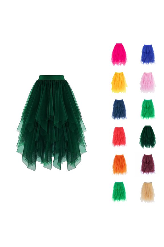Tulle Skirts for Women Mid Length Elastic Waist Flowy A Line Asymmetrical Puffy Skirt Fairy Skirt Layered Mesh Dance Skirts