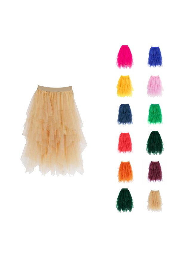 Tulle Skirts for Women Mid Length Elastic Waist Flowy A Line Asymmetrical Puffy Skirt Fairy Skirt Layered Mesh Dance Skirts