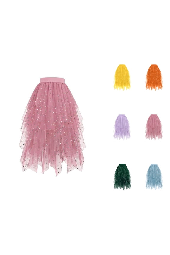 Tulle Skirts for Women Midi Elastic Waist Layered Mesh Glitter Sequin Flowy Asymmetrical Puffy Skirt Fairy Skirt Dance Skirts