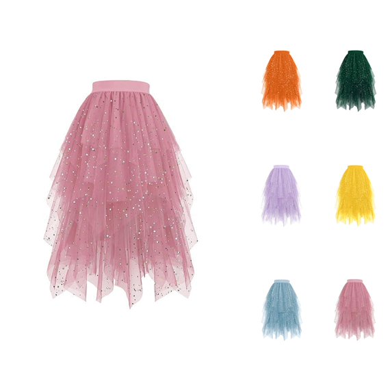 Tulle Skirts for Women Midi Elastic Waist Layered Mesh Glitter Sequin Flowy Asymmetrical Puffy Skirt Fairy Skirt Dance Skirts