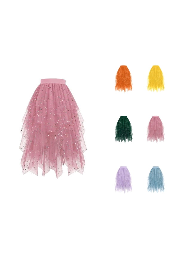 Tulle Skirts for Women Midi Elastic Waist Layered Mesh Glitter Sequin Flowy Asymmetrical Puffy Skirt Fairy Skirt Dance Skirts
