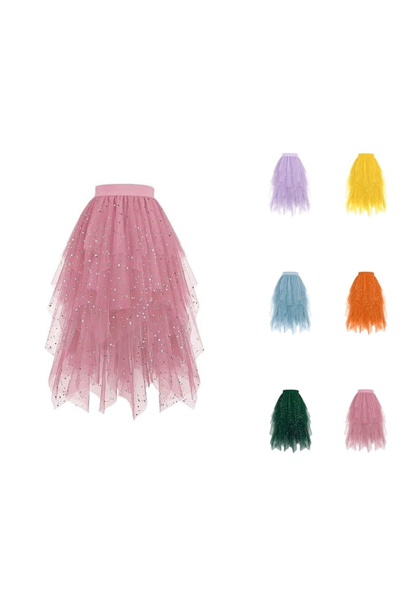 Tulle Skirts for Women Midi Elastic Waist Layered Mesh Glitter Sequin Flowy Asymmetrical Puffy Skirt Fairy Skirt Dance Skirts