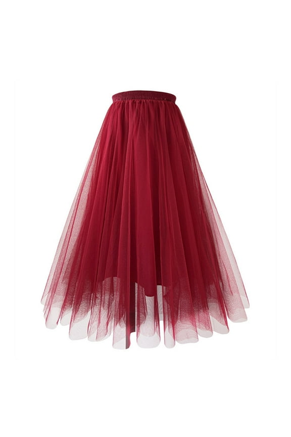 Tulle Skirts for Women Midi Length Elastic High Waist Pleated Mesh Flowy A-Line Party Long Tutu Tiered Skirts