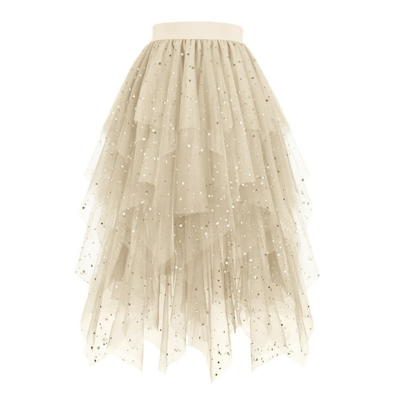ZunFeo Tulle Skirts for Women High Waist Sequin Beaded Tiered Skirts for Party Vacation Holiday, Beige M