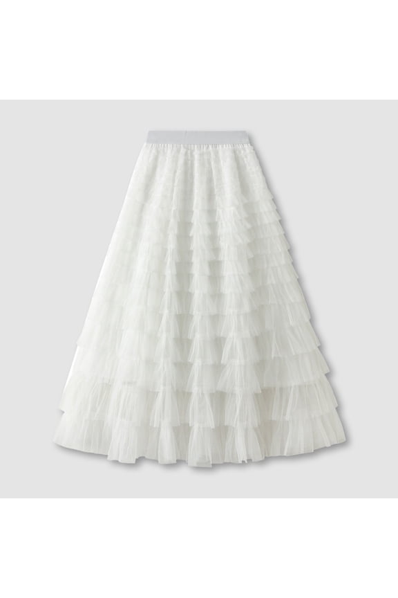 Tulle Skirts for Women Stylish A Line Long Tutu Skirt Ruffle Mesh Calf Chiffon High Waist Womens Skirt White M