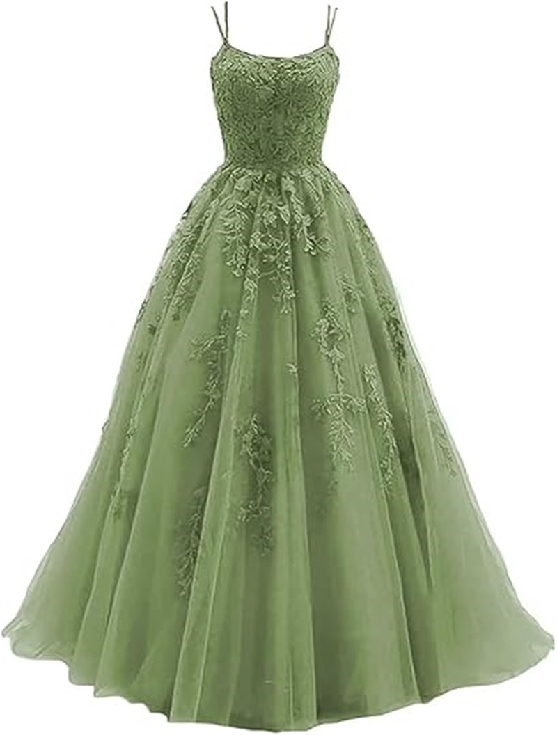 Women's Lace Applique Prom Dresses Long Spaghetti Straps Tulle Formal Evening Party Gowns Y752 main image 0
