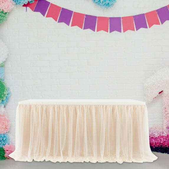 Tulle Table Skirt High-End Gold-Rimmed Mesh Birthday Wedding Party Decoration Polyester Antependium,Champagne,Nylon
