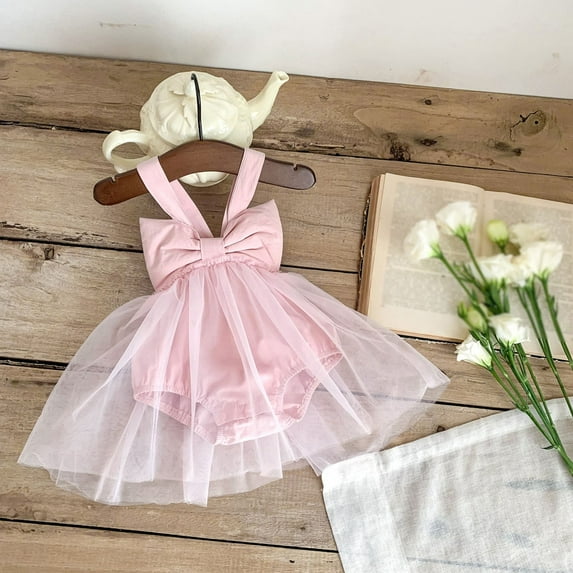 Tulle-Tutu Dresses for Girls with Shorts Size 2-6 Toddlers Kids Cute Spaghetti Strap V Neck Bowknot Solid Color A-Line Jumpsuits Dress