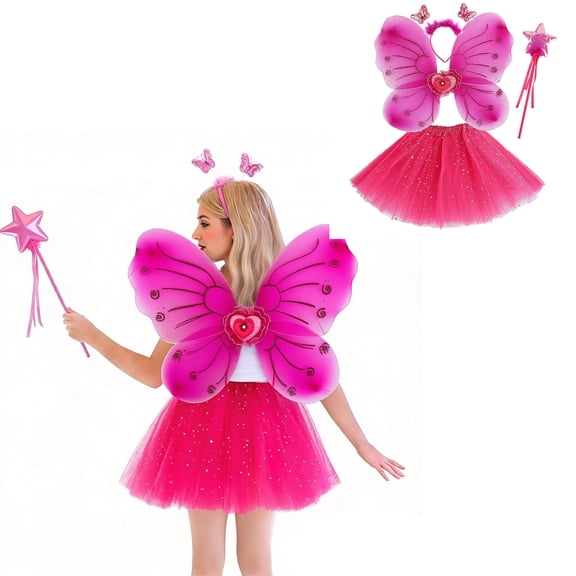 Tulle Tutu Skirt for Girls Layered Pink Tutu Sequin Skirt with Wings and Hairband Elastic Waist Ballet Dance Dress Princess Skirt Birthday Party Dresses 3-10 Years