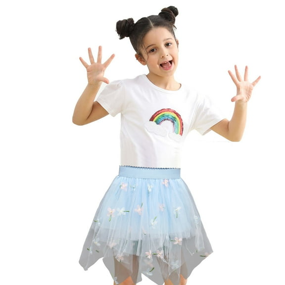 Tulle Tutu Skirt for Girl Summer Casual Elastic Waist Cotton Lining Floral Embroidered Skirts Cute Holiday Girls Fashion, Light Blue, 12 Years