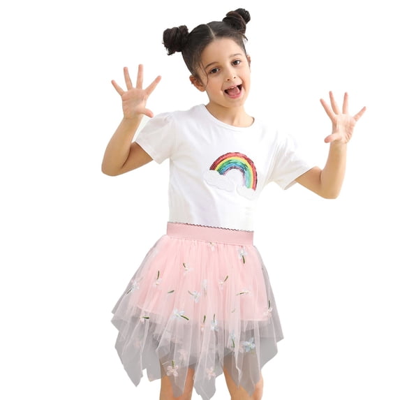 Tulle Tutu Skirt for Girl Summer Casual Elastic Waist Cotton Lining Floral Embroidered Skirts Cute Holiday Girls Fashion, Pink, 12 Years