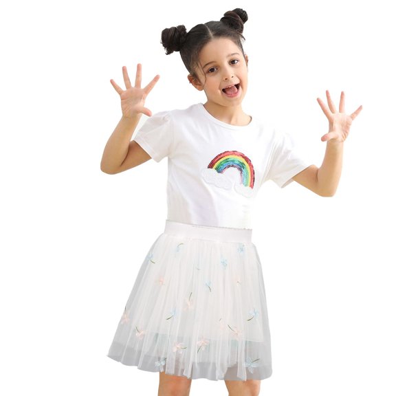 Tulle Tutu Skirt for Girl Summer Casual Elastic Waist Cotton Lining Floral Embroidered Skirts Cute Holiday Girls Fashion, White, 8 Years