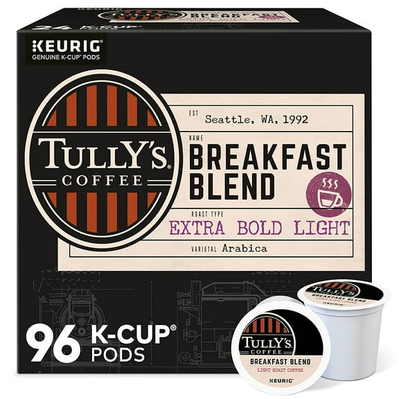Tully's Coffee Breakfast Blend Keurig Single-Serve K-Cup Pods, Light Roast Coffee, 96 Count (4 Packs of 24)