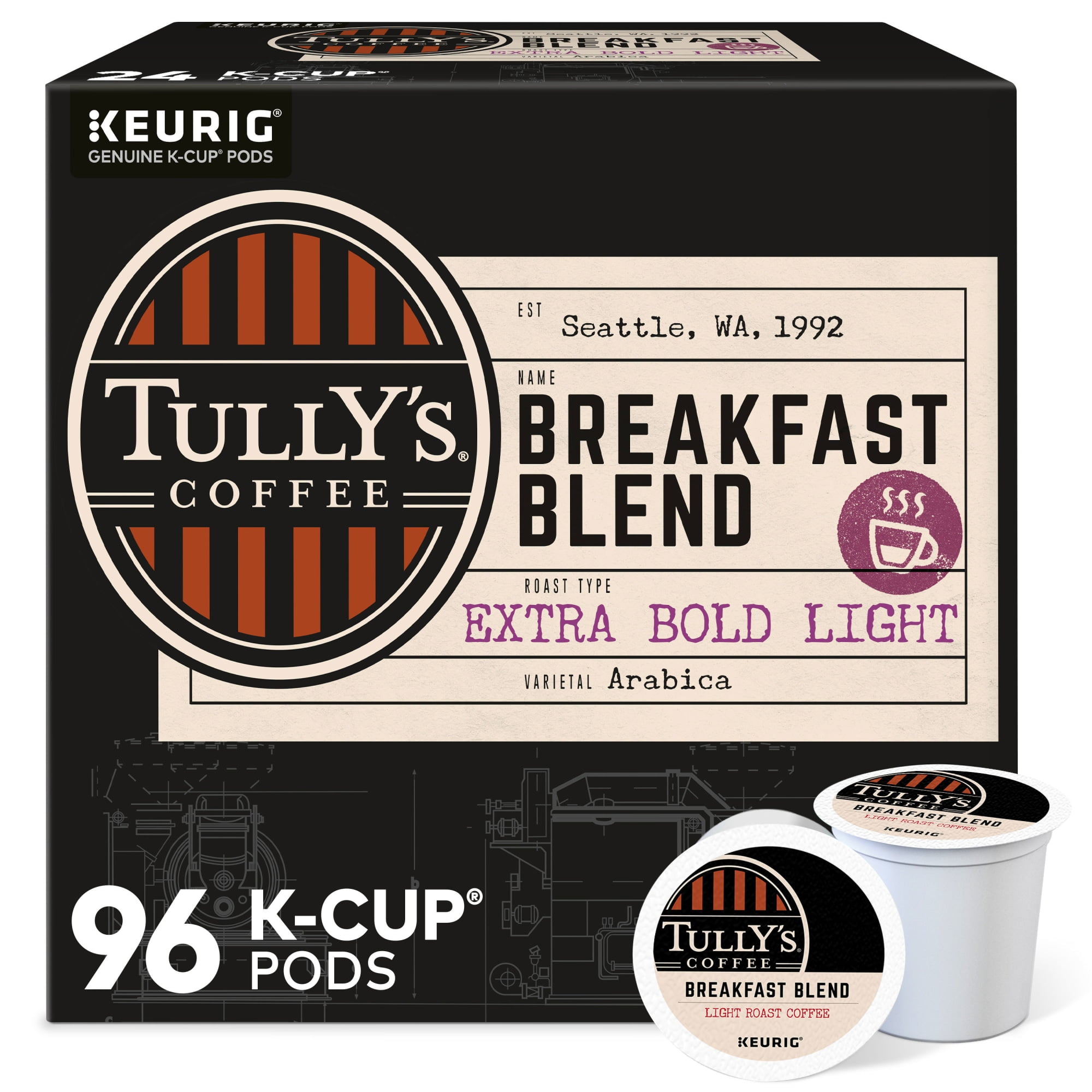 Tully's Coffee Breakfast Blend, Keurig Single-Serve K-Cup Pods, Light Roast Coffee, 96 Count