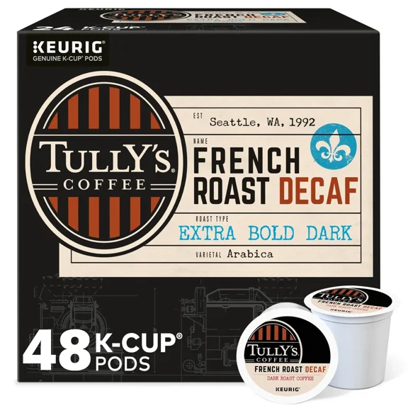 Tully's Coffee French Roast Decaf, K-Cup Pod, Dark Roast, 48 Count