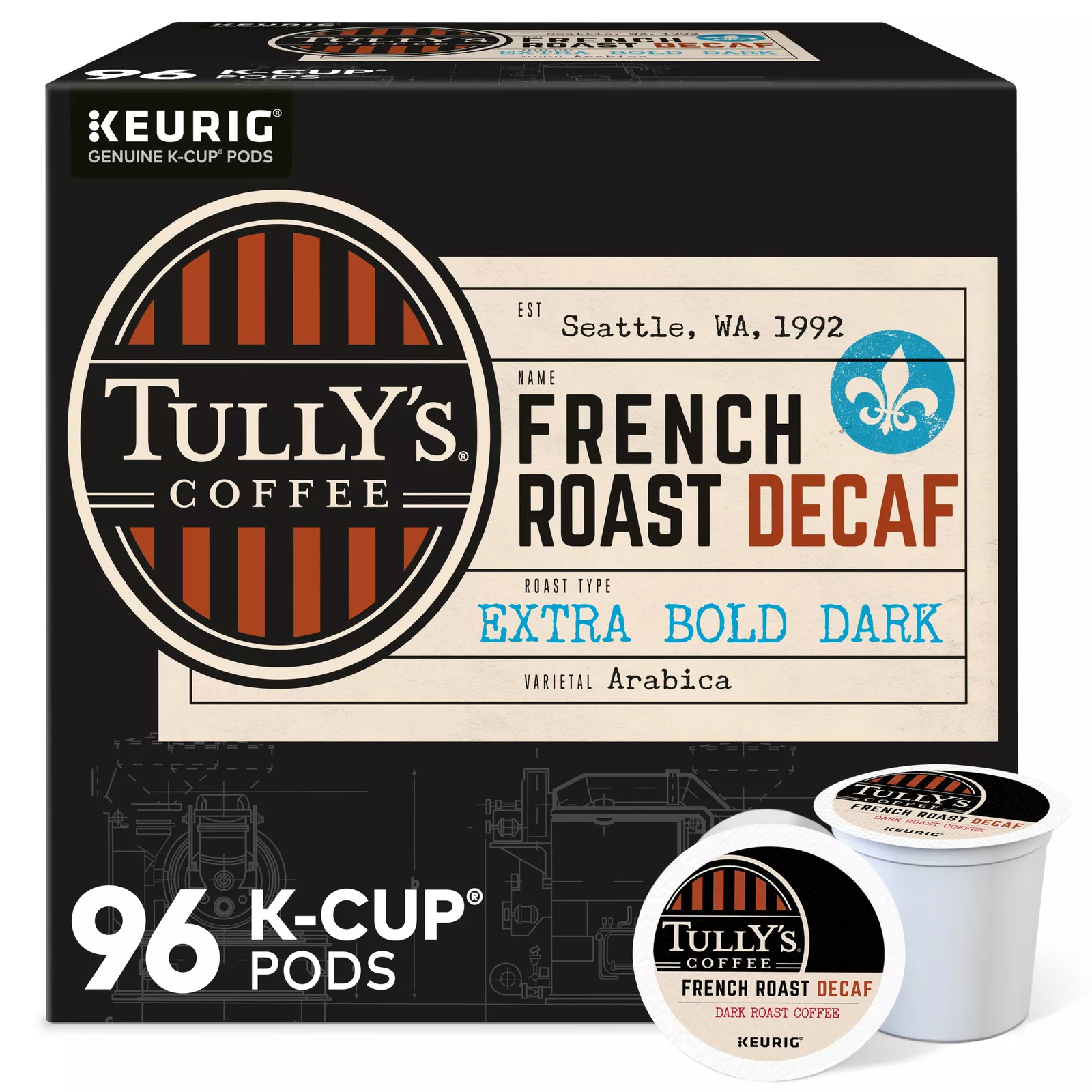 Tully's Coffee French Roast Decaf, K-Cup Pod, Dark Roast, 96 Count