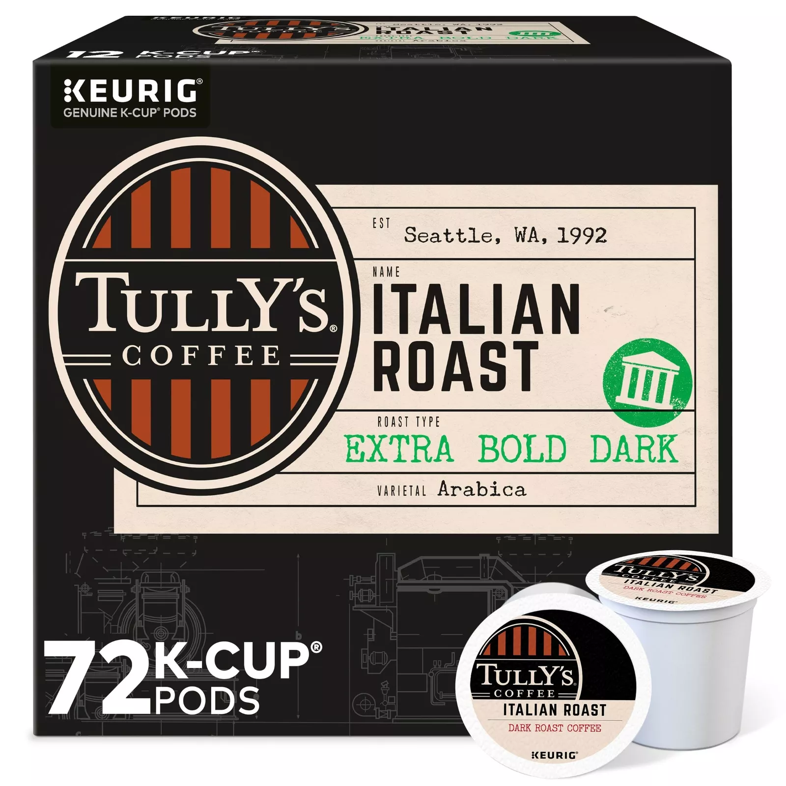 Tully's Coffee Italian Roast, 72 K-Cup Pod, Dark Roast