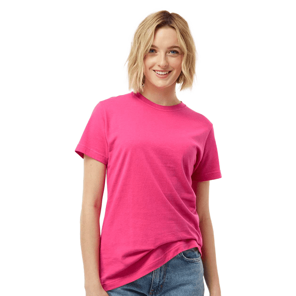 Tultex Fine Jersey Classic Fit T-Shirt, Women's Short Sleeve Ribbed Crewneck Fuchsia Tee, S
