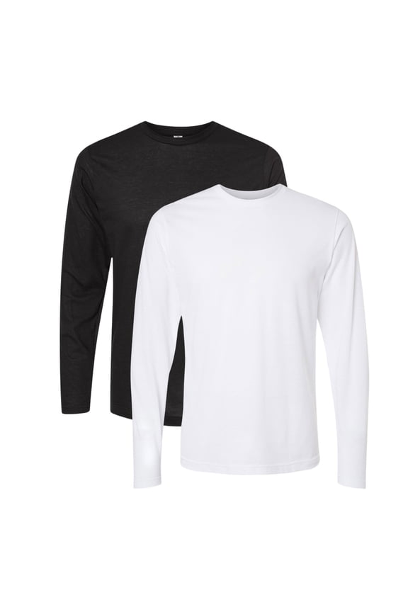 Men’s Poly-Rich Long Sleeve T-Shirt 65/35 Polyester/Ring-Spun Cotton Heavyweight Plain Tee (Black+White-2PCS, XL)