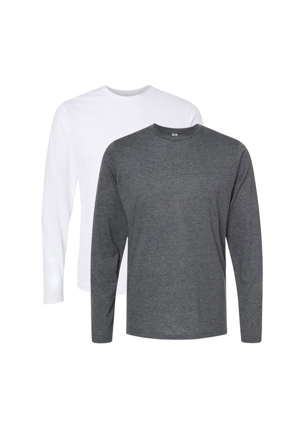 Men’s Poly-Rich Long Sleeve T-Shirt 65/35 Polyester/Ring-Spun Cotton Heavyweight Plain Tee (Heather-Charcoal+White-2PCS, M)