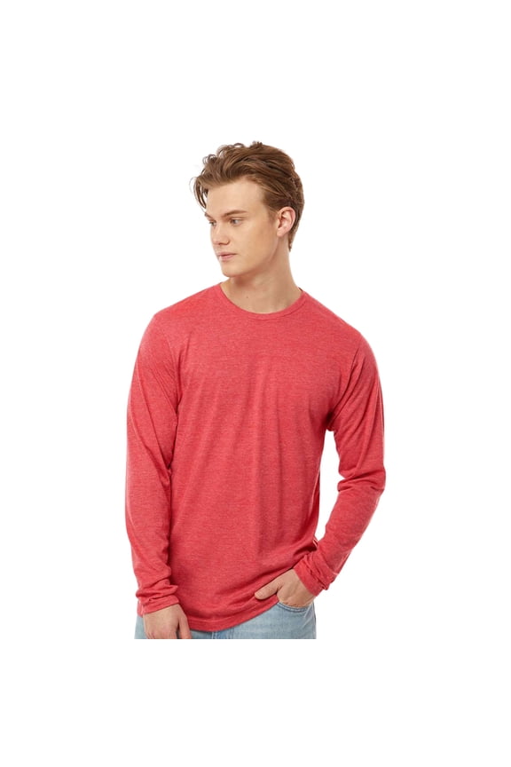 Men’s Poly-Rich Long Sleeve T-Shirt 65/35 Polyester/Ring-Spun Cotton Heavyweight Plain Tee (Heather-Red, 3XL)
