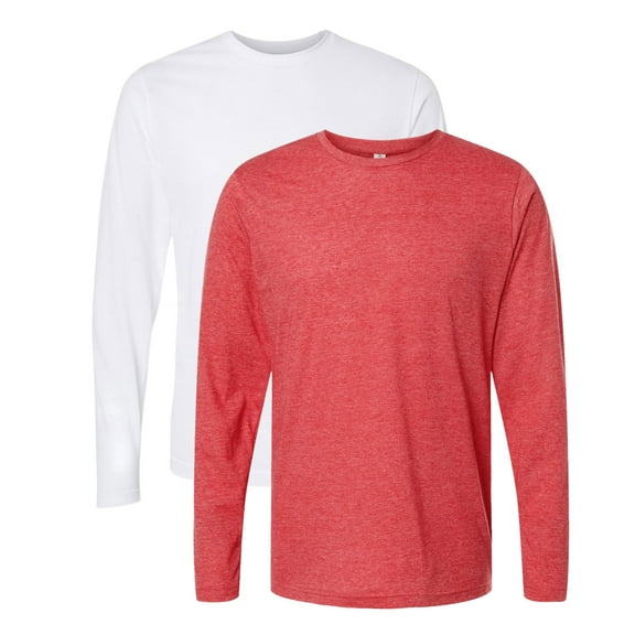 Tultex Men’s Poly-Rich Long Sleeve T-Shirt 65/35 Polyester/Ring-Spun Cotton Heavyweight Plain Tee (White Heather-Red-2PCS, M)
