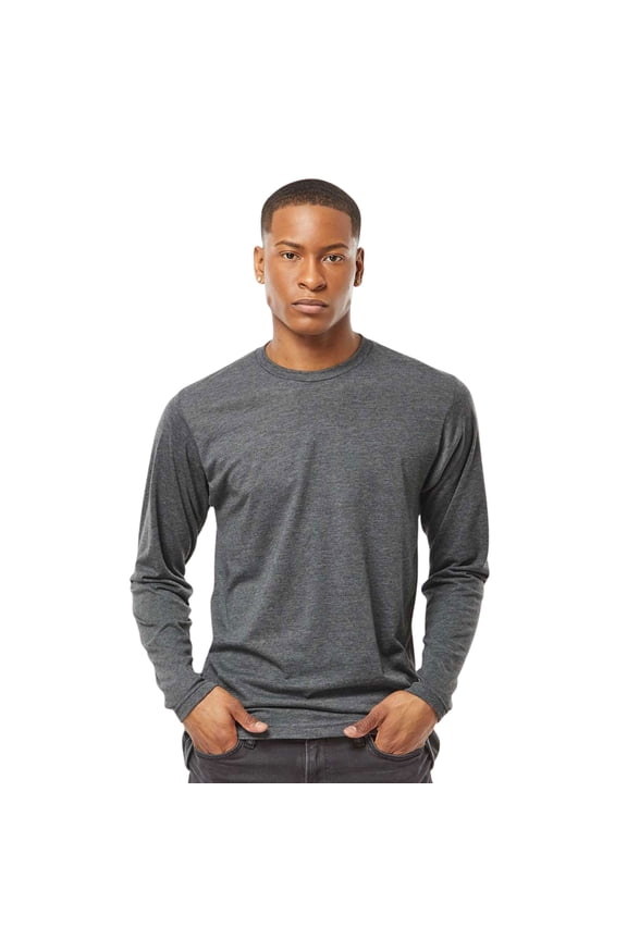 Men's Poly-Rich Long Sleeve T-Shirt Crewneck Tees (Heather Charcoal, L)