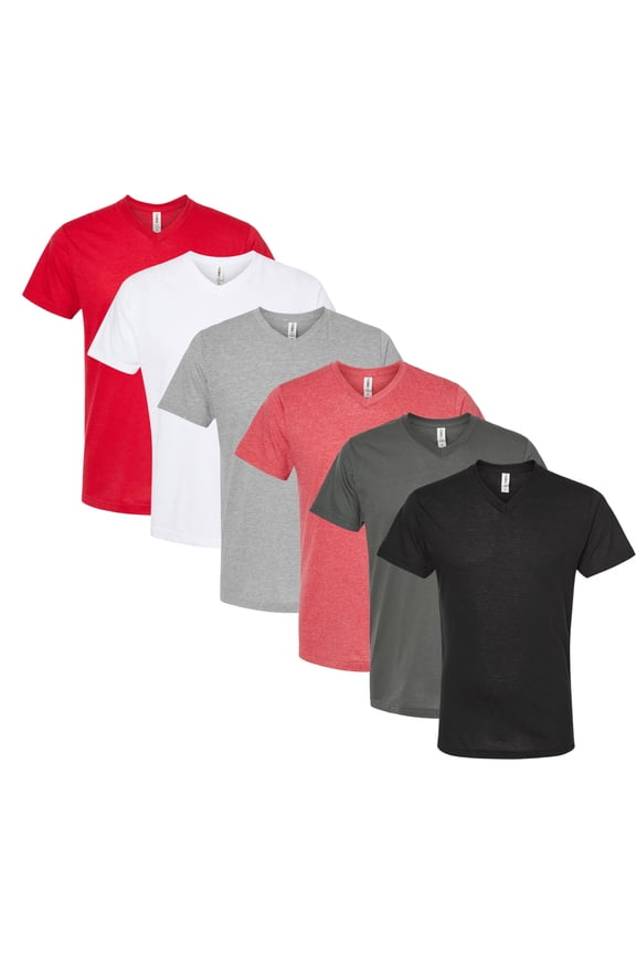 Men's Poly-Rich V-Neck T-Shirt 65/35 Polyester / Ring-Spun Cotton Assorted Wholesale Pack T Shirts (Bright Color 6 Pack, L)