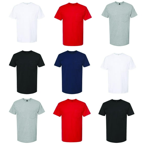 Tultex Pocket Crew Neck T-Shirt | Pack of 9 for Men- Short Sleeve | Heavyweight Jersey Tees| Mix Colors| Bulk T Shirts| Size: 3XL