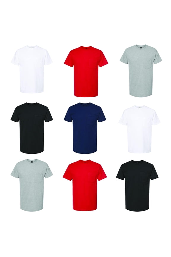 Pocket Crew Neck T-Shirt | Pack of 9 for Men- Short Sleeve | Heavyweight Jersey Tees| Mix Colors| Bulk T Shirts| Size: XL